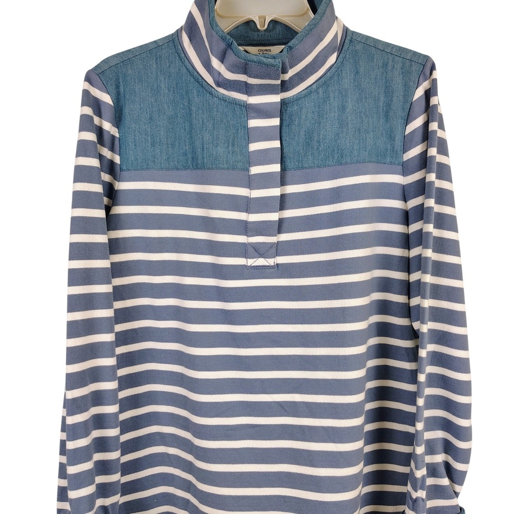 NWT Crown & Ivy Womens XL Harper Pullover Blue Striped Denim Yoke Coastal Preppy